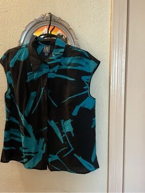 Worthington Teal & Black Abstract Sleeveless Button-Up Top